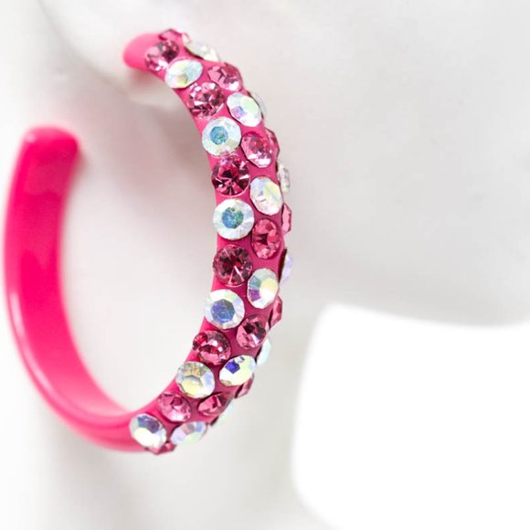 2" Pink Diagonal AB/Pink Rhinestones Hoop Earrings - Picture 3 of 9